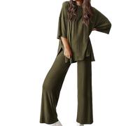 Genérico Periodicali Casual 2-Piece Loose-Fit Short Sleeve Top & Wide-Leg Pants Set with Pockets, Crew Neck for Daily Use (Green 3,XXL)