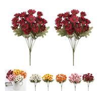 Genérico Perkyn Artificial Mums, Circulatik Artificial Flowers-UV Resistant, No Fade, Waterproof Realistic Flower Daisy with Eucalyptus Leaves for Outdoors Fall DIY Decor (Scarlet,2 Bundles)