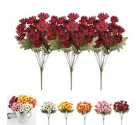 Genérico Perkyn Artificial Mums, Circulatik Artificial Flowers-UV Resistant, No Fade, Waterproof Realistic Flower Daisy with Eucalyptus Leaves for Outdoors Fall DIY Decor (Scarlet,3 Bundles)