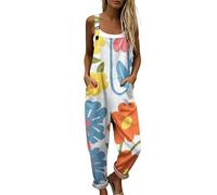 Genérico Peto Salopette Mujer Verano Estampado Floral Boho Chic Mono Largo de Lino y Algodón con Bolsillos Tirantes Ajustables Pierna Ancha Holgado para Playa Vacaciones Diario