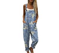 Genérico Peto Salopette Mujer Verano Estampado Floral Boho Chic Mono Largo de Lino y Algodón con Bolsillos Tirantes Ajustables Pierna Ancha Holgado para Playa Vacaciones Diario