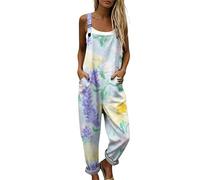 Genérico Peto Salopette Mujer Verano Estampado Floral Boho Chic Mono Largo de Lino y Algodón con Bolsillos Tirantes Ajustables Pierna Ancha Holgado para Playa Vacaciones Diario