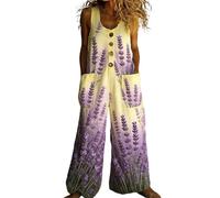 Genérico Peto Salopette Mujer - Verano Mono Largo de Lino Estilo Bohemio Hippie Estampado de Flores de Colores Pierna Ancha Suelto con Bolsillos Grandes para Playa y Vacaciones Casual