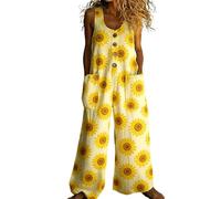 Genérico Peto Salopette Mujer - Verano Mono Largo de Lino Estilo Bohemio Hippie Estampado de Flores de Colores Pierna Ancha Suelto con Bolsillos Grandes para Playa y Vacaciones Casual