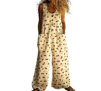 Genérico Peto Salopette Mujer - Verano Mono Largo de Lino Estilo Bohemio Hippie Estampado de Flores de Colores Pierna Ancha Suelto con Bolsillos Grandes para Playa y Vacaciones Casual