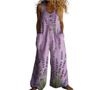 Genérico Peto Salopette Mujer - Verano Mono Largo de Lino Estilo Bohemio Hippie Estampado de Flores de Colores Pierna Ancha Suelto con Bolsillos Grandes para Playa y Vacaciones Casual