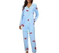 Genérico Pijama de Mujer Conjunto de Piezas Camisones de Manga Larga Estampados con Botones de Solapa Informales Pijamas de Mujer Ligeros y Cómodos Camisones Largos de Invierno