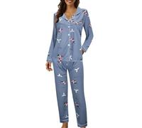Genérico Pijama de Mujer Conjunto de Piezas Camisones de Manga Larga Estampados con Botones de Solapa Informales Pijamas de Mujer Ligeros y Cómodos Camisones Largos de Invierno
