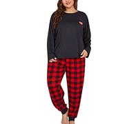Genérico Pijama De Navidad Pijama De Saten Mujer Invierno Conjunto Piezas Pantalones Largos con Estampado Cuadrícula Talla Grande para Mujer Entretiempo Black XXXXL