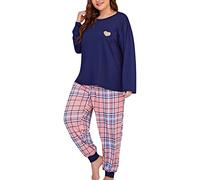Genérico Pijama De Navidad Pijama De Saten Mujer Invierno Conjunto Piezas Pantalones Largos con Estampado Cuadrícula Talla Grande para Mujer Entretiempo Navy XXXXL