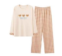 Genérico Pijama De Saten Mujer Invierno Pijamas Mujer Women S Autumn Winter Round Neck Cute Printed Loose Home Casual Pajama Sleeper Set Pijama Botones Señora Khaki L