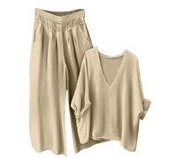 Genérico Pijama Familiar Pijama Invierno Pyjama Conjuntos De De Estar por Casa para Mujer Conjuntos Holgados Verano Piezas Blusas Manga Larga con Cuello En Woman Secret Beige S