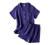 Genérico Pijama Hombre Algodón - Conjunto De Pijama Washed Crepe Shorts de Manga Corta Pareja Pijamas Thin Double Men's and Women's Home Wear Set (Navy M)