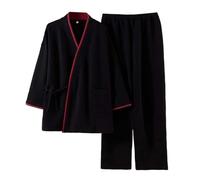 Genérico Pijama Hombre Fleece Conjuntos Pijamas Kimono Japonés Forrado Algodón Grueso y Caliente Ropa Interior Conjunto Sleepwear 2 piezas compuesto por Top y Pantalones, Negro , L