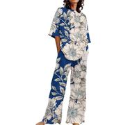 Genérico Pijama Invierno Pijama Personalizado Sleepshirt Trajes De Verano para Mujer 2 Conjuntos De Lino Algodón Camisetas Tamaño Pantalón Pierna Mujer Invierno Negro Blue XXXL