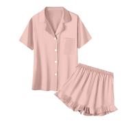 Genérico Pijama Mujer Conjunto Color Liso - Regalos San Valentin Classic, Pijamas Casual Conjunto De 2 Piezas Chic, Top Manga Corta Cuello De Solapa Botones Y Pantalones Cortos Rosa Claro M