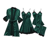 Genérico Pijama Mujer Divertido,CamisóN De SatéN con Tirantes Y Encaje Sexy para Mujer Pantalones De Pijama Ropa De Casa con Almohadilla para El Pecho Conjunto Ligero De Cuatro Piezas