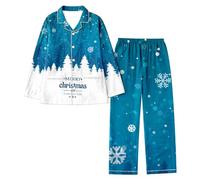 Genérico Pijama Mujer Invierno Pijama Mujer Conjunto Suave al Tacto Navidad Copos De Nieve Estampado Completo Santa Claus Manga Larga con Solapa Conjunto Festivo para Fiestas