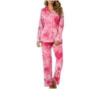 Genérico Pijama Mujer Invierno Pijama Mujer Conjunto Suave al Tacto San Valentín Estampado Pack De 2 Conjuntos Manga Larga con Botones Ropa De Estar por Casa para Primavera
