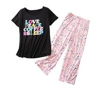 Genérico Pijama Personalizado Conjunto Verano Mujer Women S Cotton Pajama Set Cute 2 Piece Set Comfy Summer V Neck Short Sleeve Shirt Sleepwear Pantalones Pijama Mujer Seda Black S
