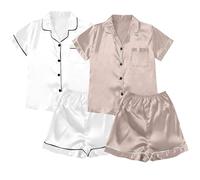 Genérico Pijama Saten Mujer Pijama Mujer Saten Satin Pyjamas Women S Short 4 Piece Pyjamas Short Sleeve Sleepwear and Shorts Set Women Sets Leisure Suit Loungewear Largo Wh6 XXL