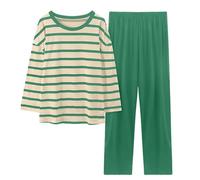 Genérico Pijama Seda Mujer Verano Pyjama Womens Comfortable Stripe Gradient Pure Color Imitation Cotton Pajamas Women S Casual Loose Long Sleeved Trousers Suit Pantalones De Pijama De Mujer Green M