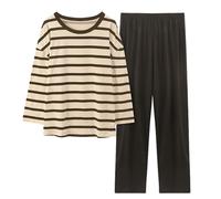 Genérico Pijama Seda Mujer Verano Pyjama Womens Comfortable Stripe Gradient Pure Color Imitation Cotton Pajamas Women S Casual Loose Long Sleeved Trousers Suit Pantalones De Pijama De Black Xxl