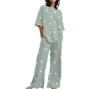 Genérico Pijamas Botones Mujer Pijama Mujer Invierno Camiseta Holgada De Manga Corta con Cuello Y Estampado para Conjunto De 2 Tallas Grandes con Pantalones Pijama Mint Green XL