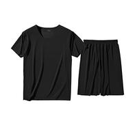 Genérico Pijamas Hombre Verano de Seda Helada Gran Tamaño Conjunto Algodón Cuello En V Manga Cortas Tops Pijama Pantalones Cortos Verano Color Liso Camiseta De Manga Corta Y Pantalón Corto