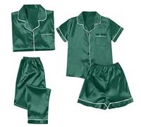 Genérico Pijamas Mujer Otoño Pijama Invierno Mujer Satin Pyjamas Women S Short 4 Piece Pyjamas Short Sleeve Sleepwear and Shorts Set Women Sets Leisure Suit Conjunto De Pijama De Green XXXXL