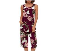 Genérico Pijamas Mujer Verano Corto,Conjuntos De Pijamas para Mujer Camiseta Sin Mangas Y Pantalones Capri con Bolsillo Ropa De Estar por Casa