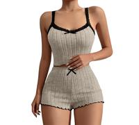 Genérico Pijamas Mujers,Conjuntos De Pijamas Cortos para Mujer Camisola Sexy con Ribete De Encaje Y Pantalones Cortos Ropa De Dormir Conjunto De Pijama De 2 Piezas con Canalé Sintético con