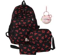 Genérico Pink Bow Backpack for Women - 3PCS Set Preppy Backpack, Nylon Cute GirlsBackpack (Black+Red)