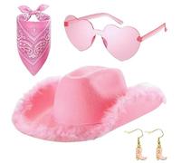 Genérico Pink Cowgirl Hat, 4x Women Adults Cowboy Costume Cowgirls Hat, Non-Woven, Acrylic Glasses, Bandana, and Earrings Included, Role Play Cowgirl Hats with Plush for Photography, 40x33x14cm