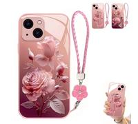 Genérico Pink Rose Lanyard Hard Case for iPhone, All-Inclusive Lens Design, Glass Back Anti-Wear Phone Case for iPhone17/16/15/14/13 Pro MAX (for iPhone 14ProMax,Pink-b)