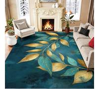 Genérico Pintura Al Óleo Lujo Plantas Alfombra Lavables 120 x 180 cm para Sala de Estar, Hoja Alfombras Antideslizante para Dormitorio Habitación Infantil, Pelo Corto Franela Verde Azulado