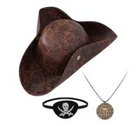Genérico Pirate Hat, Pirates Headwear, Artificial Leather Retro Costume Cap With Eye Patch and Necklace, Bucaneer Head Wear for Halloween, Party, Cosplay, Role Play, 14.17x15.35x3.54 Inches Hats Size