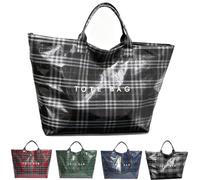 Genérico Plaid PVC Tote Bag for Women, Large Plastic Tote Bag for Work, Plaid Letter Print Hobo HandBag for Shopping Commuting (Black)