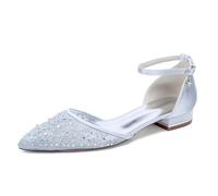 Genérico Plata,38 EU, Zapatos Planos de satén para Boda con Punta Puntiaguda para Mujer, con Tiras en el Tobillo y Cristales,para Fiesta de graduación