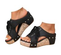 Genérico Platform Wedge Sandals for Women Open Toe Cork Wedges Comfortable Slip On Slides Retro Lace Up Summer Casual Beach Vacation Shoes (black,38)