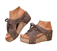 Genérico Platform Wedge Sandals for Women Open Toe Cork Wedges Comfortable Slip On Slides Retro Lace Up Summer Casual Beach Vacation Shoes (brown,43)