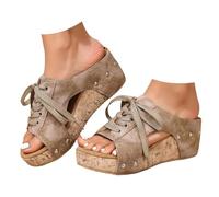 Genérico Platform Wedge Sandals for Women Open Toe Cork Wedges Comfortable Slip On Slides Retro Lace Up Summer Casual Beach Vacation Shoes (khaki,37)