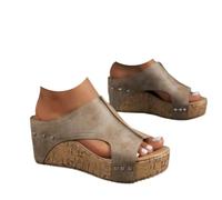 Genérico Platform Wedge Sandals for Women, Open Toe Slip-On Dressy Summer Beach Shoes, Wide Width Comfortable Adjustable Ankle Strap Sandals (beige-1,39)