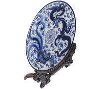 Genérico Plato Decorativo de Cerámica Azul Redondo con Soporte | Estilo Chino Elegante, Diseño Dragón y Fénix, Preparado para Exhibir en Mesa o Pared