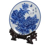 Genérico Plato Decorativo de Cerámica Azul y Blanco de 25 CM con Soporte de Madera Plato Artístico Redondo para Decoración del Hogar y Servir Comida Adecuado para Cocina y Restaurante