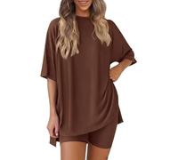 Genérico Pohra Bamboo Soft Lounge Set, Bloom and Breeze Cozy Mama Set ，Women 2 Piece Outfits Crew Neck Oversized Tshirts (Brown,XL)