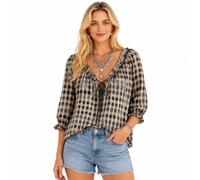 Genérico Polka Dot Lace-Up Blouse for Women V Neck 3/4 Sleeve Loose Flowy Summer Top (Black,M)