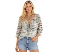 Genérico Polka Dot Lace-Up Blouse for Women V Neck 3/4 Sleeve Loose Flowy Summer Top (Blue,L)
