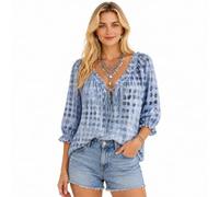 Genérico Polka Dot Lace-Up Blouse for Women V Neck 3/4 Sleeve Loose Flowy Summer Top (Dusty Blue,3XL)