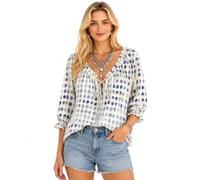 Genérico Polka Dot Lace-Up Blouse for Women V Neck 3/4 Sleeve Loose Flowy Summer Top (Light Blue,XXL)